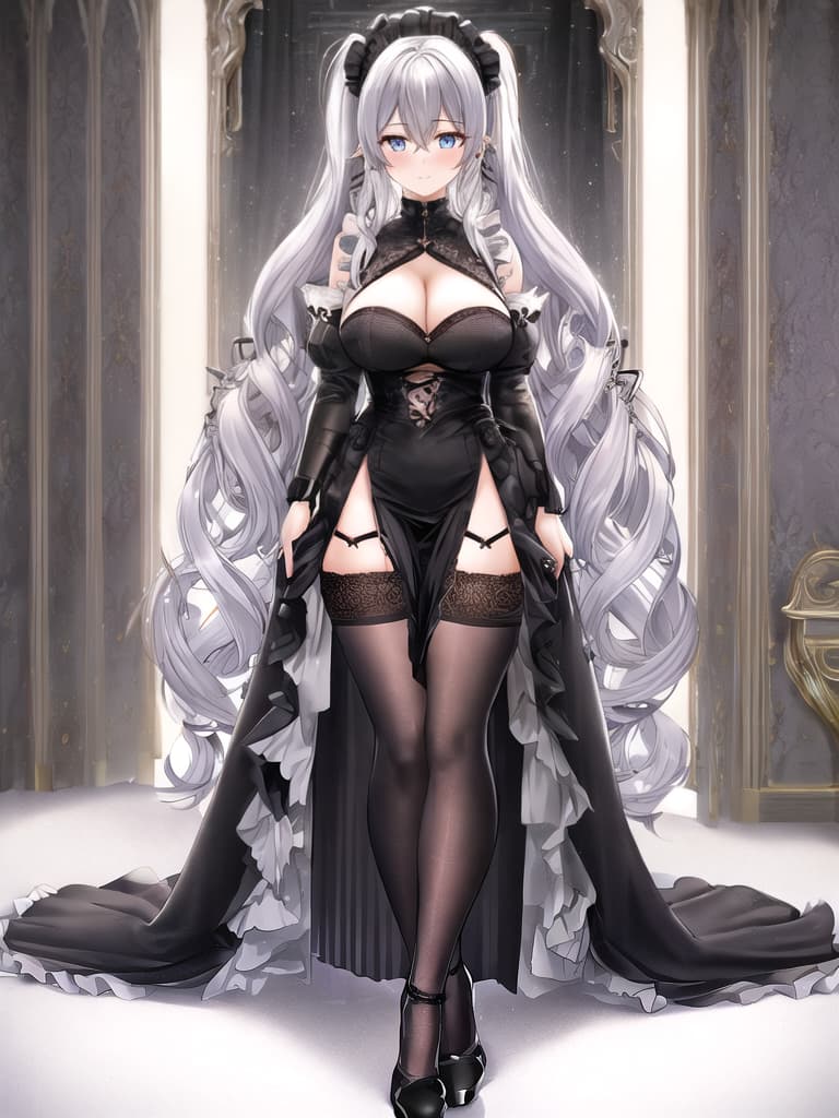  1 Woman, Anime style, with long silver hair and curly twin tails, ((age 20 25)), , shy, cute, radiant blue eyes, Maid, room, wearing nothing but and black lace and black with lacy black stockings, Ear piercings, Tall (()), big s and they are visible through cloths, black high heels with a red sole, ((())), ((full body)), (((hdr, masterpiece, highest resolution, best quality, beautiful, raw image))), (((extremely detailed, rendered))), full body, beautiful detailed clothing, highly detailed, detailed face hyperrealistic, full body, detailed clothing, highly detailed, cinematic lighting, stunningly beautiful, intricate, sharp focus, f/1. 8, 85mm, (centered image composition), (professionally color graded), ((bright soft diffused light)), volumetric fog, trending on instagram, trending on tumblr, HDR 4K, 8K