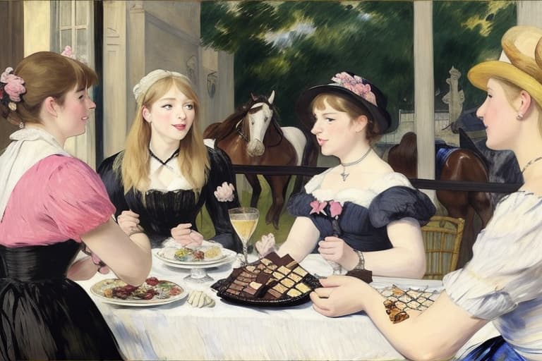  Happy beautiful Taylor Swift with pink cheeks and streaks of sunshine, gazing at a piece of fine dark chocolate, painted in the style of Édouard Manet. Foreground has a plate of fine dark chocolates on a coffee table. Background has a thoroughbred horses, white horse fences, limestone fences