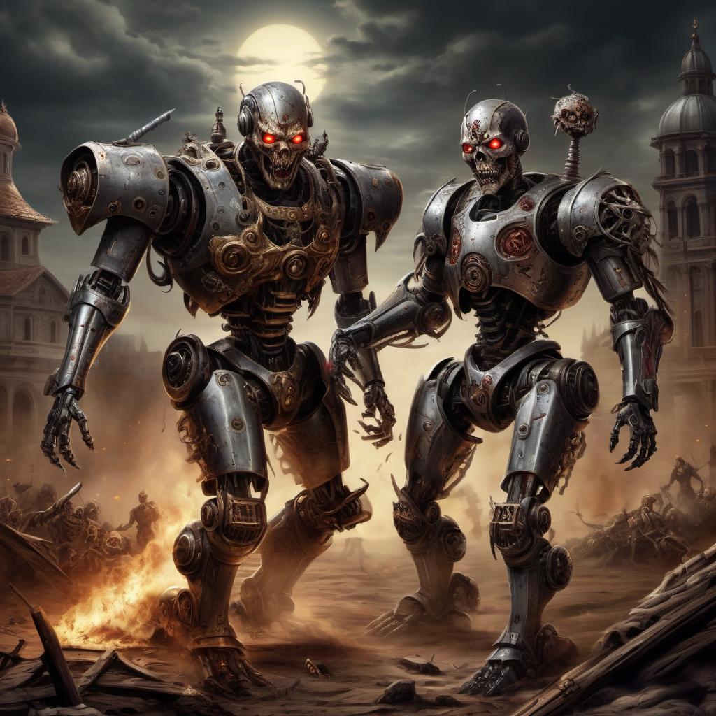  Renaissance style two terrifying, creepy fighting robots-zombies + opposition . realistic, perspective, light and shadow, religious or mythological themes, highly detailed