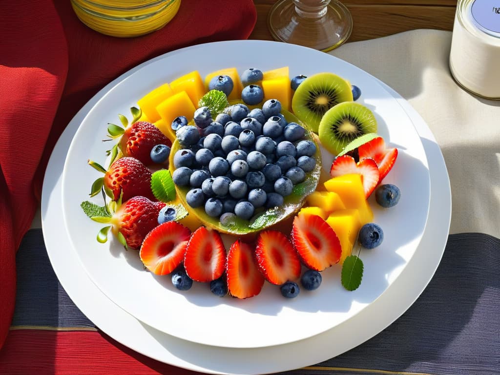  A closeup, ultradetailed image of a colorful fruit platter arranged neatly on a sleek, modern white plate, showcasing an assortment of sliced strawberries, blueberries, kiwi, and mango, with a sprinkle of chia seeds on top for added texture and nutritional value. hyperrealistic, full body, detailed clothing, highly detailed, cinematic lighting, stunningly beautiful, intricate, sharp focus, f/1. 8, 85mm, (centered image composition), (professionally color graded), ((bright soft diffused light)), volumetric fog, trending on instagram, trending on tumblr, HDR 4K, 8K