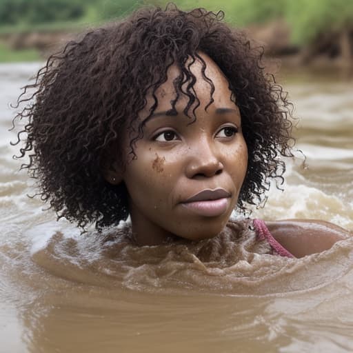  african woman's face with short and curly hair drowning in the river