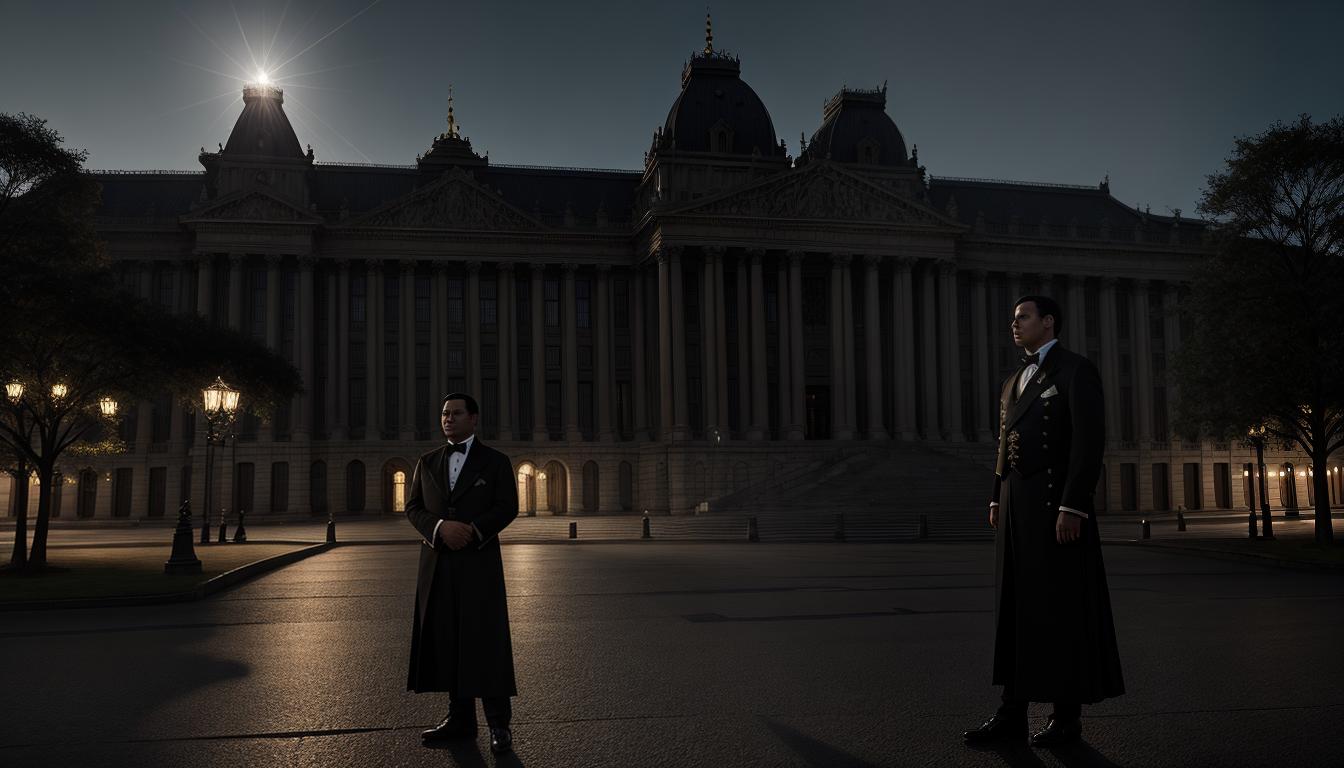  cinematic, aesthetic, a figure in formal attire, bowing slightly, with a serene expression, in front of a grand, authoritative building, somber, respectful, 4k, HDR, lens flare