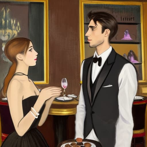  Attractive Beautiful young modern Parisian couple dressed in modern designer attire looking at each other. Foreground is plates of fine dark chocolates. Background is an exclusive Parisian restaurant . Painting style of Edgar Degas