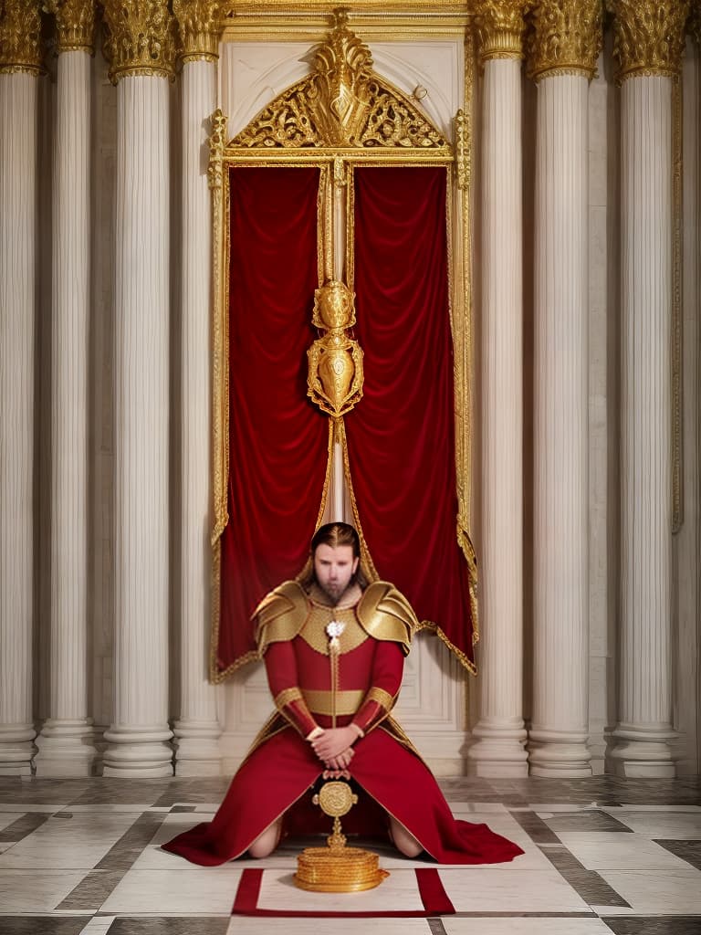  a royal minister kneel downly, like knight, sitting on the ground of a luxurious royal courtroom, holding gold coin. minister wearing red luxurious royal dress . american white human face required.