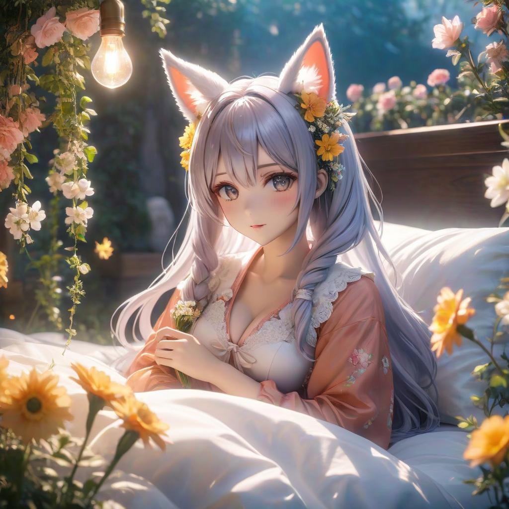  1 girl, bed, animal ears, headband, hair decoration, lots of flowers, hair water, in the best quality, anime style, beautiful hyperrealistic, full body, detailed clothing, highly detailed, cinematic lighting, stunningly beautiful, intricate, sharp focus, f/1. 8, 85mm, (centered image composition), (professionally color graded), ((bright soft diffused light)), volumetric fog, trending on instagram, trending on tumblr, HDR 4K, 8K