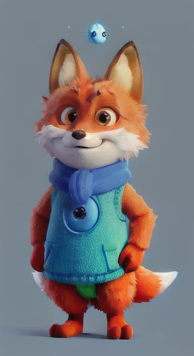  {Error the fox pressing the blue button with his paw, looking puzzled as nothing occurs., Error is a small, bright orange fox with a fluffy tail and big, inquisitive eyes. He has a mischievous yet kind expression and wears a tiny green scarf.