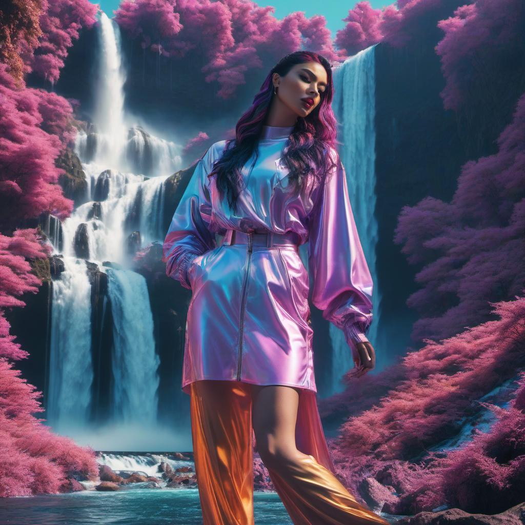  vaporwave style A huge waterfall. . retro aesthetic, cyberpunk, vibrant, neon colors, vintage 80s and 90s style, highly detailed hyperrealistic, full body, detailed clothing, highly detailed, cinematic lighting, stunningly beautiful, intricate, sharp focus, f/1. 8, 85mm, (centered image composition), (professionally color graded), ((bright soft diffused light)), volumetric fog, trending on instagram, trending on tumblr, HDR 4K, 8K