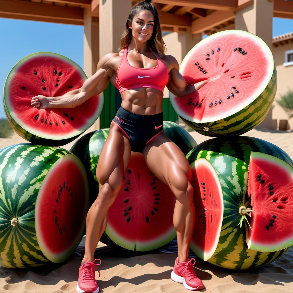  muscular girl, crushes a watermelon between quads, pressed by quads, scissorhold, watermelon squashed, barefoot, huge calves, full body shot, 8k, high quality