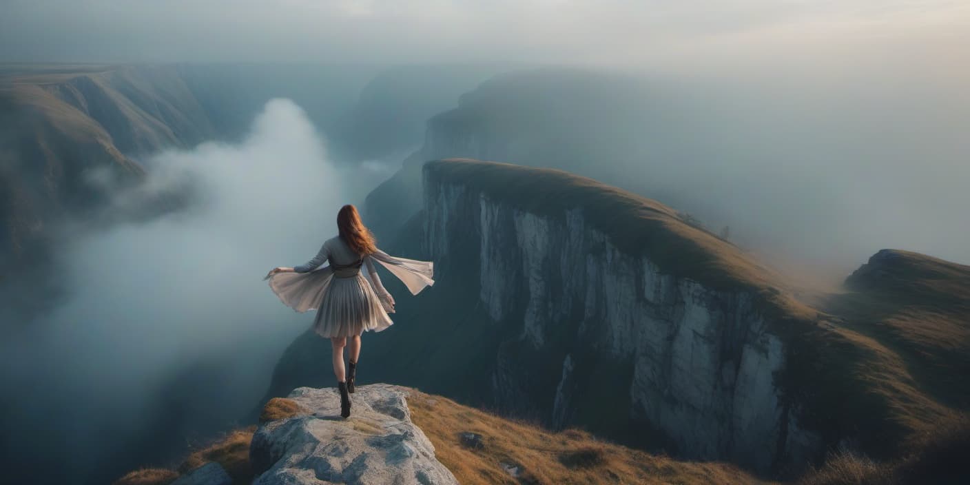  A view from above. A girl is holding the edge of a cliff and flying. hyperrealistic, full body, detailed clothing, highly detailed, cinematic lighting, stunningly beautiful, intricate, sharp focus, f/1. 8, 85mm, (centered image composition), (professionally color graded), ((bright soft diffused light)), volumetric fog, trending on instagram, trending on tumblr, HDR 4K, 8K