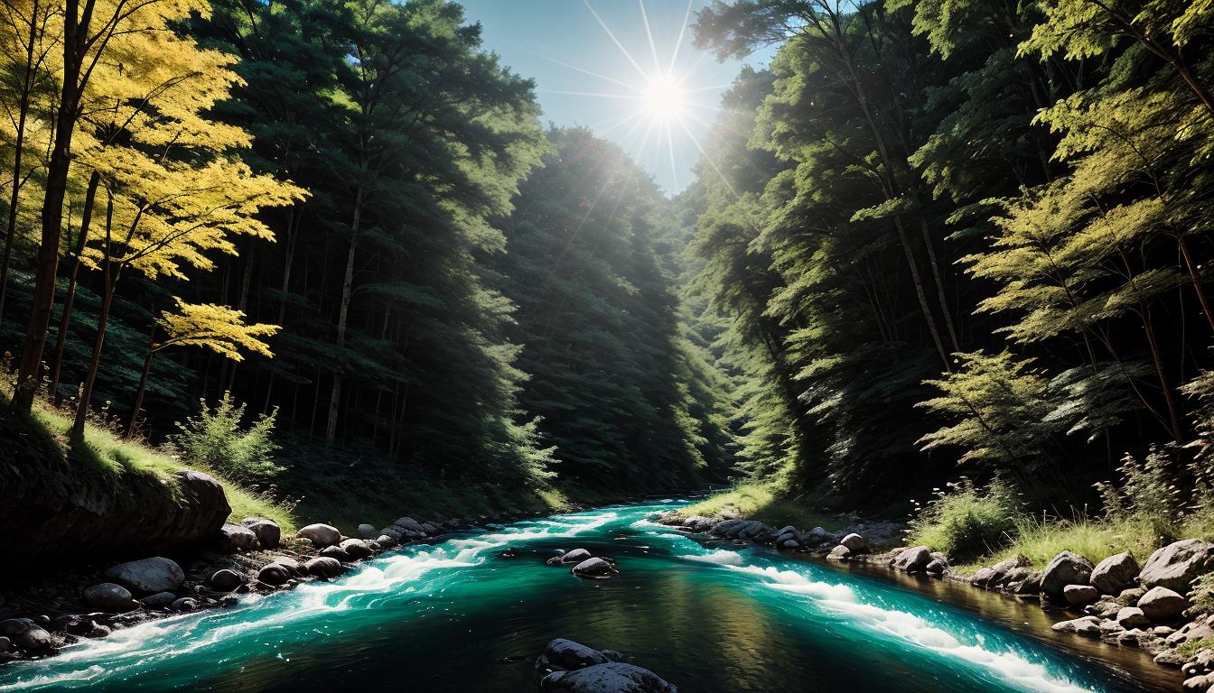  Retro anime aesthetics, retro futuristic Image needed, metaphorical scene, a winding river flowing through a dense forest, gentle sunlight filtering through the trees, river reflects the light, journey, tranquility, natural flow, 4k, HDR, lens flare