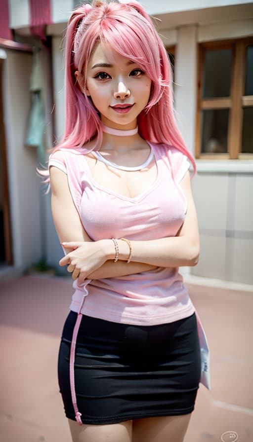  Pink hair, cute, smile, beautiful girl, (Masterpiece, BestQuality:1.3), (ultra detailed:1.2), (hyperrealistic:1.3), (RAW photo:1.2),High detail RAW color photo, professional photograph, (Photorealistic:1.4), (realistic:1.4), ,professional lighting, (japanese), beautiful face, (realistic face)