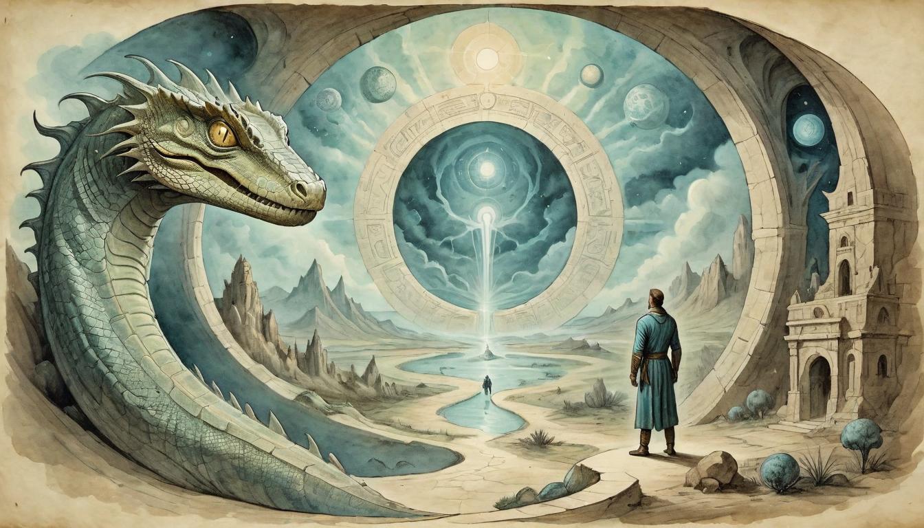  on parchment, surrealism+++, Reptilian figure looking into a portal showing ethereal realms, human figure standing beside, gesturing towards the portal, captivated expressions, otherworldly landscape visible, mystical, inviting(mysterious, provocative, symbolic,muted color)+++