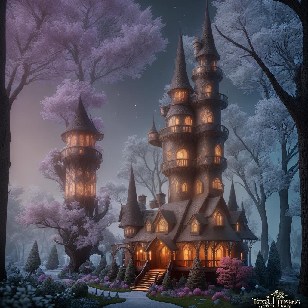  Ultra high quality 8k intricately detailed fantasy art style image of a tall whimsical house with yard tall glittering black trees octane rendering techniques 3d render cinematic lighting beautiful colors dynamic composition vibrant creative masterpiece