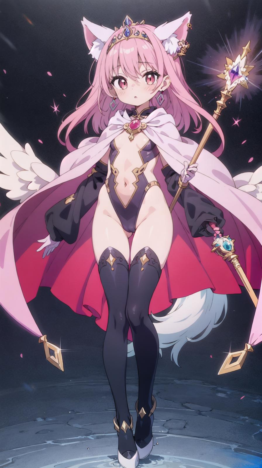  master piece , best quality,Magic hat, tiara, long cape, huge ribbon, leotard, gloves, jewelry, earrings, wings of light, red costume, long two side up hair, pink hair color, beautiful with wolf ears, wolf tail, big s, magic wand, growth transformation, full body