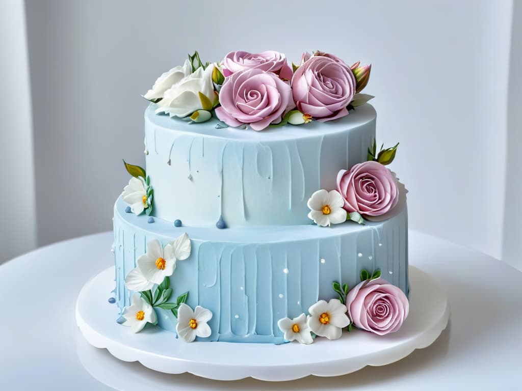  A closeup, ultradetailed image of a perfectly frosted and decorated threetiered cake, with intricate floral piping details and delicate sugar flowers cascading down the sides. The cake is displayed on a sleek, marble cake stand against a soft, blurred background, highlighting the precision and artistry involved in pastry decoration. hyperrealistic, full body, detailed clothing, highly detailed, cinematic lighting, stunningly beautiful, intricate, sharp focus, f/1. 8, 85mm, (centered image composition), (professionally color graded), ((bright soft diffused light)), volumetric fog, trending on instagram, trending on tumblr, HDR 4K, 8K