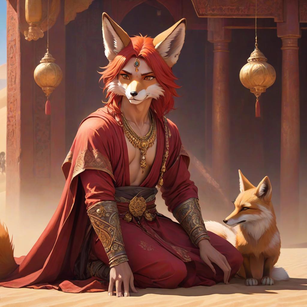  concept art Red haired man with fox ears, eyes with a red hue, narrow and cunning, wearing an Eastern costume of a beggar with many golden ornaments. The background is a desert. . digital artwork, illustrative, painterly, matte painting, highly detailed hyperrealistic, full body, detailed clothing, highly detailed, cinematic lighting, stunningly beautiful, intricate, sharp focus, f/1. 8, 85mm, (centered image composition), (professionally color graded), ((bright soft diffused light)), volumetric fog, trending on instagram, trending on tumblr, HDR 4K, 8K