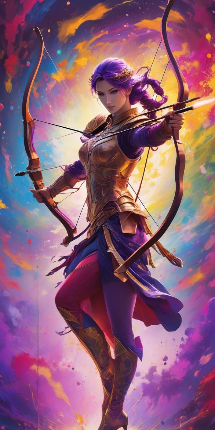  psychedelic style A stunning, surreal image of a captivating, vibrant sagittarius the archer, showcasing an incredible array of colors range from rich purple to brilliant yellow. decorated with intricate abstract patterns that seem to sway and swirl in an almost hypnotic dance. around the sagittarius archer, a cascade of multi colored drops and splashes, reminiscent of paint, adds dynamism and energy to the work. sagittarius the archer stands in stark contrast with the explosion of colors, embodying the essence of transformation and beauty. everything in a discreet style. . vibrant colors, swirling patterns, abstract forms, surreal, trippy hyperrealistic, full body, detailed clothing, highly detailed, cinematic lighting, stunningly beautiful, intricate, sharp focus, f/1. 8, 85mm, (centered image composition), (professionally color graded), ((bright soft diffused light)), volumetric fog, trending on instagram, trending on tumblr, HDR 4K, 8K