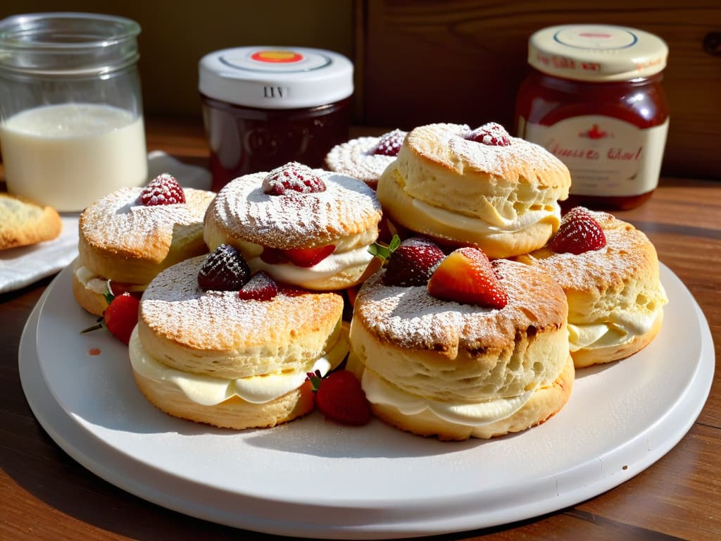  A closeup, ultradetailed image of freshly baked scones sitting on a rustic wooden table, accompanied by a dollop of clotted cream and a jar of strawberry jam. The scones are golden brown, with a perfect crumb structure visible. Steam rises delicately from the scones, and the condensation glistens on the sides of the jam jar, creating a cozy and inviting scene that captures the essence of a traditional British afternoon tea. hyperrealistic, full body, detailed clothing, highly detailed, cinematic lighting, stunningly beautiful, intricate, sharp focus, f/1. 8, 85mm, (centered image composition), (professionally color graded), ((bright soft diffused light)), volumetric fog, trending on instagram, trending on tumblr, HDR 4K, 8K