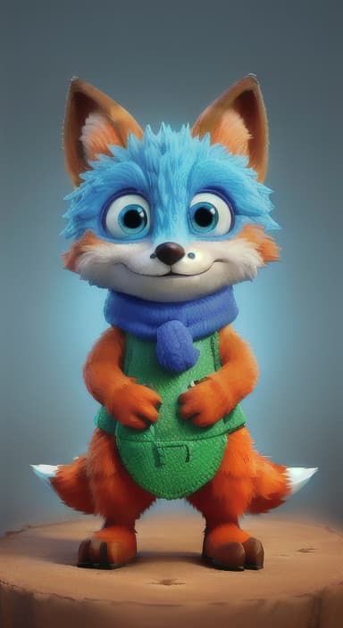  {Error the fox pressing the blue button with his paw, looking puzzled as nothing occurs., Error is a small, bright orange fox with a fluffy tail and big, inquisitive eyes. He has a mischievous yet kind expression and wears a tiny green scarf.