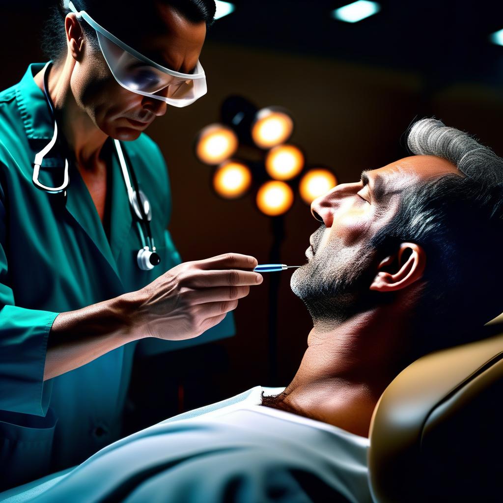  medical examination of a person's nose by doctors hyperrealistic, full body, detailed clothing, highly detailed, cinematic lighting, stunningly beautiful, intricate, sharp focus, f/1. 8, 85mm, (centered image composition), (professionally color graded), ((bright soft diffused light)), volumetric fog, trending on instagram, trending on tumblr, HDR 4K, 8K