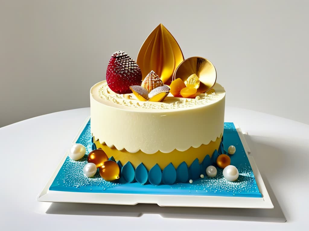  An 8k ultradetailed image of a futuristic 3D printed dessert masterpiece sitting on a sleek, modern table. The dessert is a delicate, gravitydefying sculpture made up of intricate layers of edible geometric shapes in vibrant colors, topped with shimmering edible pearls and gold leaf accents. The lighting is dramatic, casting soft shadows that enhance the depth and details of the dessert, creating a visually stunning and aweinspiring scene. The background is blurred to keep the focus on the dessert, highlighting its complexity and artistry. hyperrealistic, full body, detailed clothing, highly detailed, cinematic lighting, stunningly beautiful, intricate, sharp focus, f/1. 8, 85mm, (centered image composition), (professionally color graded), ((bright soft diffused light)), volumetric fog, trending on instagram, trending on tumblr, HDR 4K, 8K