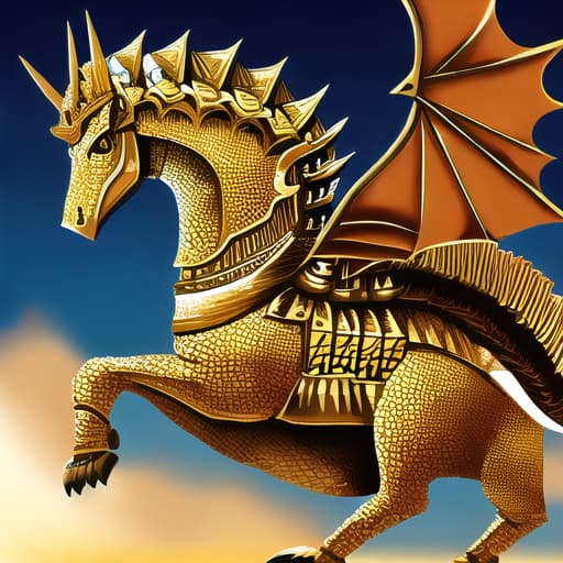  golden armored knight rides a dragon, 🦖🌈🦖, background medieval battleground, focus 🦖 and knight