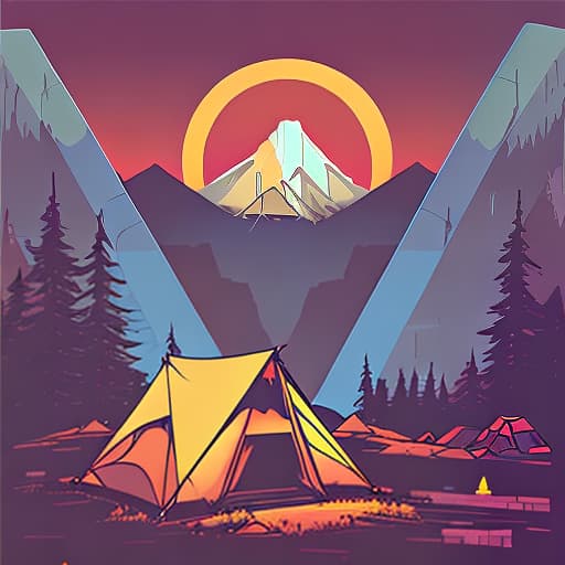 nvinkpunk Whimsical mountains with trees, camping tent and campfire