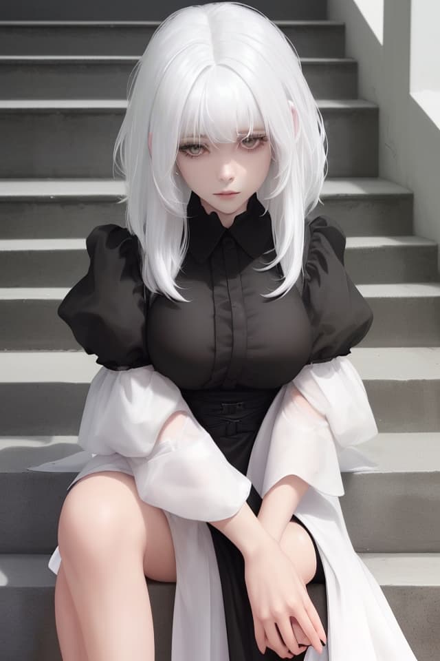  (White hair color) (in black dress)) , Nice Body, Sitting on Stairs (Close Up of UPPER BODY) High Quality, 8k, 16k