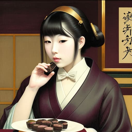  Attractive Beautiful young modern Japanese girl dressed in imperial attire with moist parted lips. Foreground is plates of fine dark chocolates. Background is an exclusive Japanese restaurant . Painting style of Edgar Degas