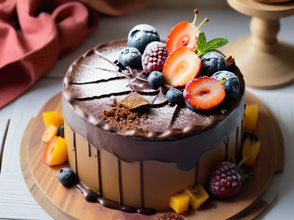  A highresolution, photorealistic image of a beautifully decorated cake made from leftover ingredients, showcasing layers of moist sponge filled with colorful fruit compote, topped with intricate edible flower decorations and a drizzle of glossy chocolate ganache. The cake sits on a rustic wooden table, surrounded by fresh berries, mint leaves, and scattered vanilla pods, evoking a sense of sustainability, creativity, and indulgence. The lighting is soft, emphasizing the vibrant colors and textures of the dessert, making it an enticing and visually appealing centerpiece for the article on sustainable pastry recipes. hyperrealistic, full body, detailed clothing, highly detailed, cinematic lighting, stunningly beautiful, intricate, sharp focus, f/1. 8, 85mm, (centered image composition), (professionally color graded), ((bright soft diffused light)), volumetric fog, trending on instagram, trending on tumblr, HDR 4K, 8K