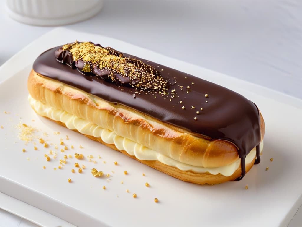  A closeup, ultradetailed image of a perfectly goldenbrown éclair with delicate ridges on its surface, topped with a glossy chocolate glaze and a sprinkle of gold flakes. The éclair is elegantly placed on a sleek, minimalist white porcelain plate, showcasing its precise craftsmanship and enticing texture. The background is softly blurred to keep the focus solely on the exquisite pastry, creating a visually captivating and sophisticated image that embodies the artistry of éclair making. hyperrealistic, full body, detailed clothing, highly detailed, cinematic lighting, stunningly beautiful, intricate, sharp focus, f/1. 8, 85mm, (centered image composition), (professionally color graded), ((bright soft diffused light)), volumetric fog, trending on instagram, trending on tumblr, HDR 4K, 8K