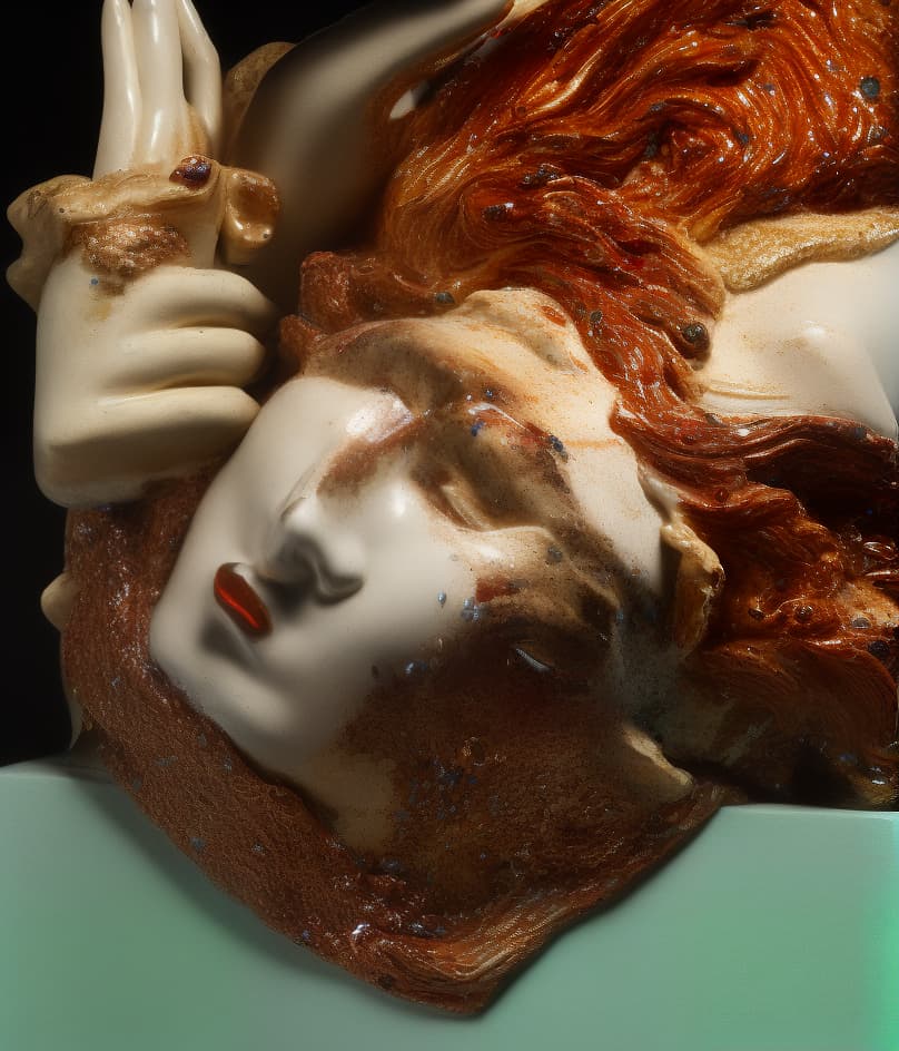  PHOTOGRAPH of a bright, Colorful and Shiny (((Meissen Porcelain HEAD OF HOLOFERNES))) with a (((GLITTERY))), TWO HANDS, FINGERS (((sculptural Porcelain hair))) looking at the viewer, on a black background, Stunning Masterpiece, Wide angle, 3:2 aspect radio, with perfect expression and facial structure, LARGE EYES, in the style of FRAGONARD, ultra sharp focus, 8k, big dark eyes, closed mouth, (((45 degree light))),  hyperrealistic, full body, detailed clothing, highly detailed, cinematic lighting, stunningly beautiful, intricate, sharp focus, f/1. 8, 85mm, (centered image composition), (professionally color graded), ((bright soft diffused light)), volumetric fog, trending on instagram, trending on tumblr, HDR 4K, 8K