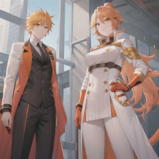  Warrior, Adult Woman, Blonde Fire Hair, Orange Eyes, White long tailcoat accented by Orange, Anime, Fantasy