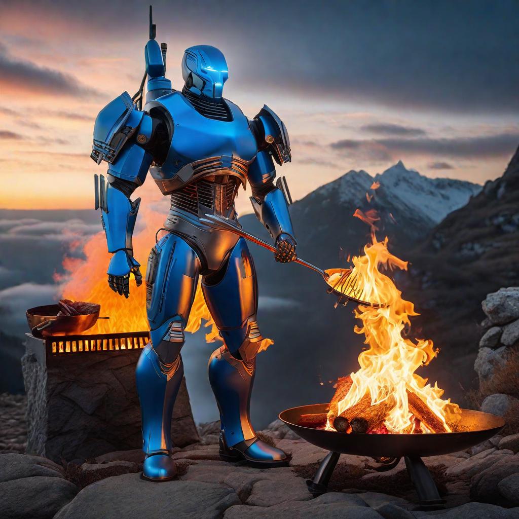  killer blue sentinelaibot grilling food mountain flame hyperrealistic, full body, detailed clothing, highly detailed, cinematic lighting, stunningly beautiful, intricate, sharp focus, f/1. 8, 85mm, (centered image composition), (professionally color graded), ((bright soft diffused light)), volumetric fog, trending on instagram, trending on tumblr, HDR 4K, 8K