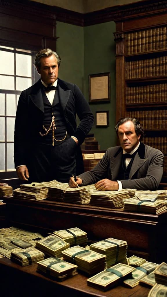  (A dimly lit office interior in the 1800s. Two well dressed, middle aged men sit at a large oak desk, surrounded by ledgers and stacks of money. The men have stern, unforgiving expressions on their faces, representing their cruel and calculating natures as prominent slave traders. The room is adorned with expensive furnishings, hinting at the wealth and power they have amassed through their inhumane business practices.) hyperrealistic, full body, detailed clothing, highly detailed, cinematic lighting, stunningly beautiful, intricate, sharp focus, f/1. 8, 85mm, (centered image composition), (professionally color graded), ((bright soft diffused light)), volumetric fog, trending on instagram, trending on tumblr, HDR 4K, 8K