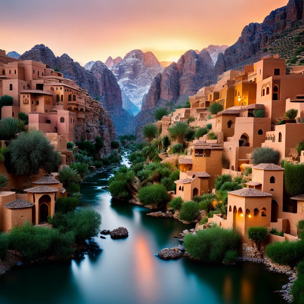  ((masterpiece)), (((best quality))), 8k, high detailed, ultra-detailed. A beautiful Arabic landscape with stunning mountains, ((a vibrant sunset))), a tranquil oasis with palm trees and a flowing river, a traditional Arabic village nestled amongst the hills, locals dressed in colorful traditional garments, camels peacefully grazing in the distance hyperrealistic, full body, detailed clothing, highly detailed, cinematic lighting, stunningly beautiful, intricate, sharp focus, f/1. 8, 85mm, (centered image composition), (professionally color graded), ((bright soft diffused light)), volumetric fog, trending on instagram, trending on tumblr, HDR 4K, 8K