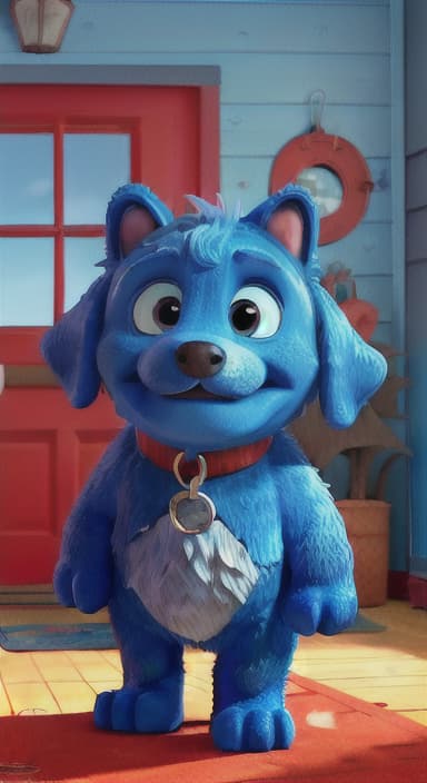  {Max the big blue dog standing in front of a cozy little house with a red door, The big blue dog is large with sky blue fur, big round eyes, a black nose, and floppy ears.