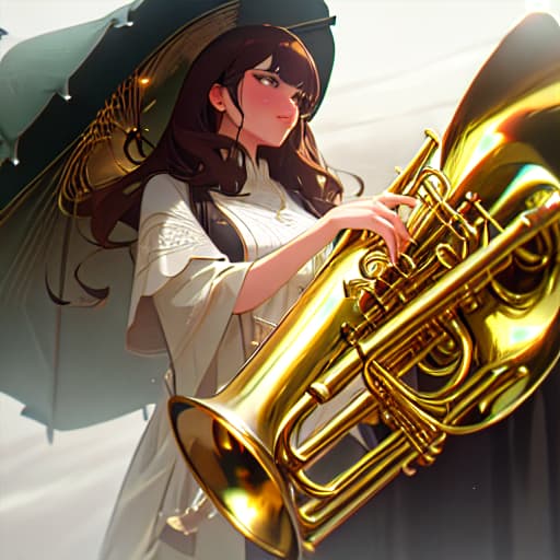  (brunette woman playing trumpet), anime, highly detailed, 4k, high quality, trending on art station hyperrealistic, full body, detailed clothing, highly detailed, cinematic lighting, stunningly beautiful, intricate, sharp focus, f/1. 8, 85mm, (centered image composition), (professionally color graded), ((bright soft diffused light)), volumetric fog, trending on instagram, trending on tumblr, HDR 4K, 8K