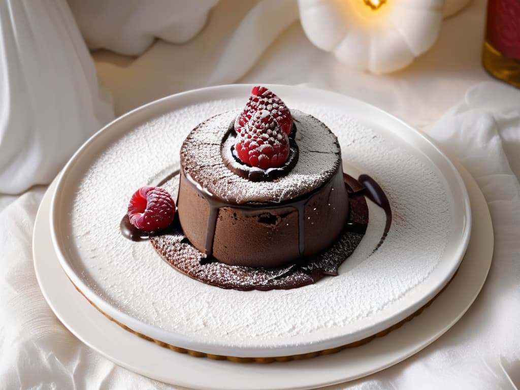  A closeup, ultradetailed image of a decadent chocolate lava cake with a perfectly gooey center, topped with a delicate dusting of powdered sugar and a single fresh raspberry, presented on a sleek, white minimalist plate. The rich, glossy texture of the cake contrasts beautifully with the pristine backdrop, highlighting the luxurious and indulgent nature of this impressive dessert. hyperrealistic, full body, detailed clothing, highly detailed, cinematic lighting, stunningly beautiful, intricate, sharp focus, f/1. 8, 85mm, (centered image composition), (professionally color graded), ((bright soft diffused light)), volumetric fog, trending on instagram, trending on tumblr, HDR 4K, 8K