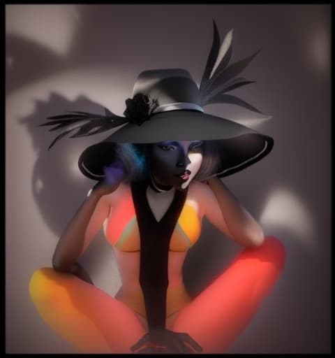  a colorfully presented, 3d picture of A woman in a hat with features who is sitting on the ground, with a black body, and a white face, shadow reflecting, , hyperrealistic, high quality, highly detailed, perfect lighting, intricate, sharp focus, f/1. 8, 85mm, (centered image composition), (professionally color graded), ((bright soft diffused light)), trending on instagram, HDR 4K, 8K