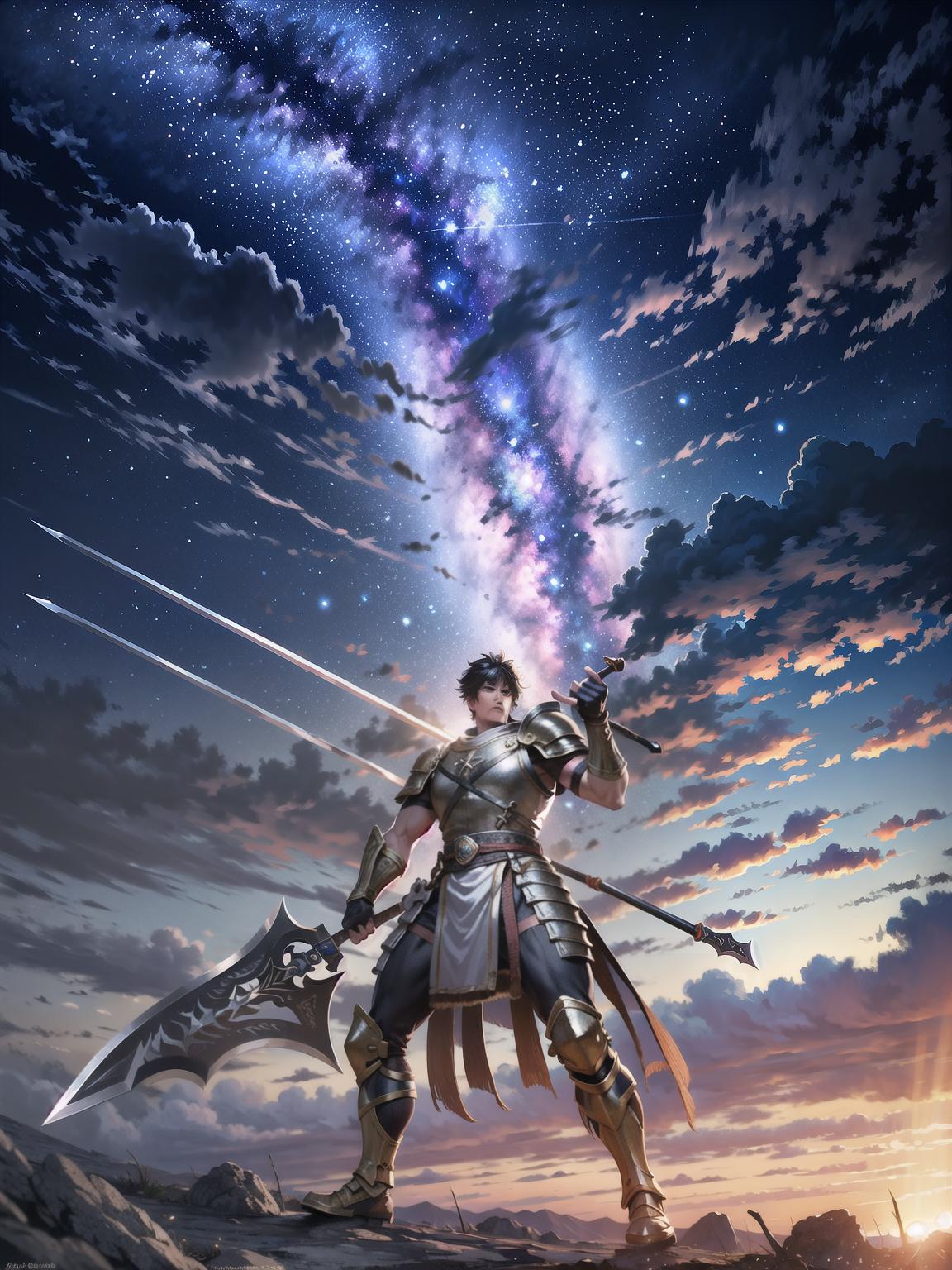  master piece, best quality, ultra detailed, highres, 4k.8k, Giant warrior, Wielding a massive axe, standing tall, Determined, BREAK Strength and power in battle., Rocky battlefield, Massive axe, boulders, rugged armor, BREAK Intense and fierce, Dust swirling, impact of axe striking, starry,strry light,night,colorful,cloud