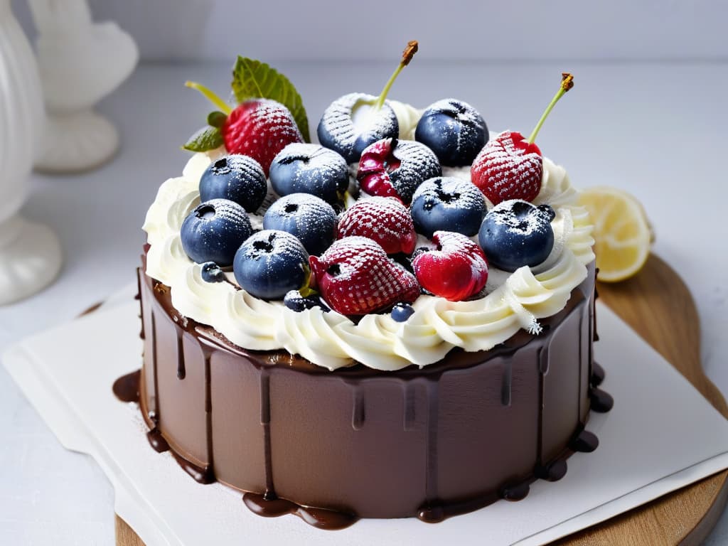  A closeup, ultradetailed image of a decadent vegan chocolate cake with a glossy, smooth ganache glaze dripping down the sides. The cake is adorned with fresh berries and edible flowers, showcasing a perfect balance of textures moist cake crumb, velvety ganache, and juicy fruit. The lighting highlights each texture, making the viewer almost able to feel the richness and indulgence through the screen. hyperrealistic, full body, detailed clothing, highly detailed, cinematic lighting, stunningly beautiful, intricate, sharp focus, f/1. 8, 85mm, (centered image composition), (professionally color graded), ((bright soft diffused light)), volumetric fog, trending on instagram, trending on tumblr, HDR 4K, 8K