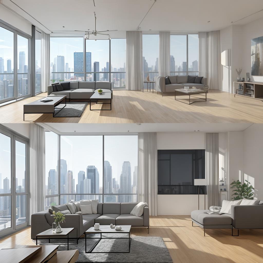  masterpiece, best quality, Best Quality, Masterpiece, 8k resolution,high resolution concept art of an apartment living room with floor to ceiling windows and modern furniture