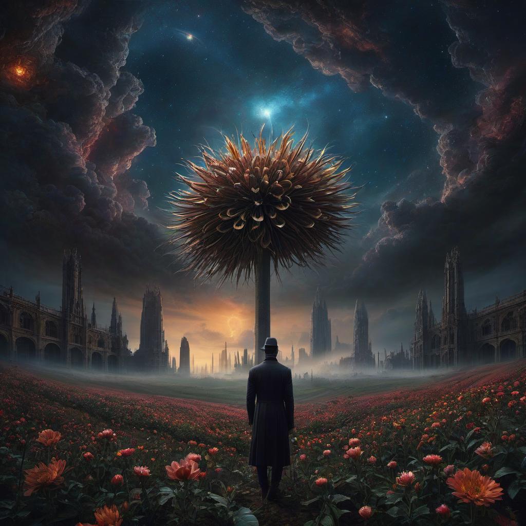  (stylized by Tomasz Alen Kopera:1.3) , dark art, dense flower field and Perseid meteor in background, landscape of a (Barcelona:1.2) , very Bizarre and 1600'S, Hurricane, Glitchcore, Amaro, layered textures, ornate, intricate artistic color, complimentary colors, very inspirational, atmosphere, fine artistic composition, sunny, theatrical hyperrealistic, full body, detailed clothing, highly detailed, cinematic lighting, stunningly beautiful, intricate, sharp focus, f/1. 8, 85mm, (centered image composition), (professionally color graded), ((bright soft diffused light)), volumetric fog, trending on instagram, trending on tumblr, HDR 4K, 8K