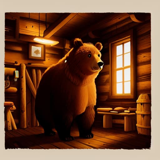  Bear is standing, in a cabin, dimly lit