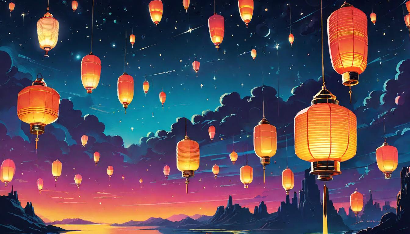  retro futuristic A series of lanterns floating up into the night sky, symbolizing inspiration and empowerment. Mood: hope filled, motivating. Style: warm glows against a dark backdrop. lvintage sci fi, 50s and 60s style, atomic age, vibrant, highly detailed