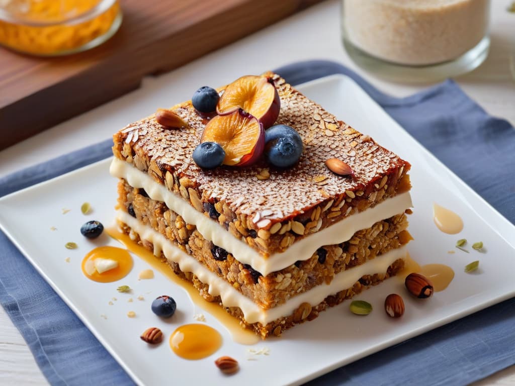  A closeup, ultradetailed image of a homemade energy bar with visible layers of nuts, seeds, dried fruits, and a drizzle of honey on top, placed on a sleek, modern plate against a plain, neutral background. The textures and colors of each ingredient are incredibly sharp and vivid, showcasing the wholesome and natural components of the nutritious snack. hyperrealistic, full body, detailed clothing, highly detailed, cinematic lighting, stunningly beautiful, intricate, sharp focus, f/1. 8, 85mm, (centered image composition), (professionally color graded), ((bright soft diffused light)), volumetric fog, trending on instagram, trending on tumblr, HDR 4K, 8K