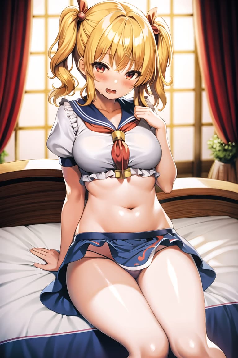  master piece , best quality,Touhou Project,Marisa Kirisame,golden hair,sailor suit,belly out,come face,drooling a lot,sitting on bed with crotch open