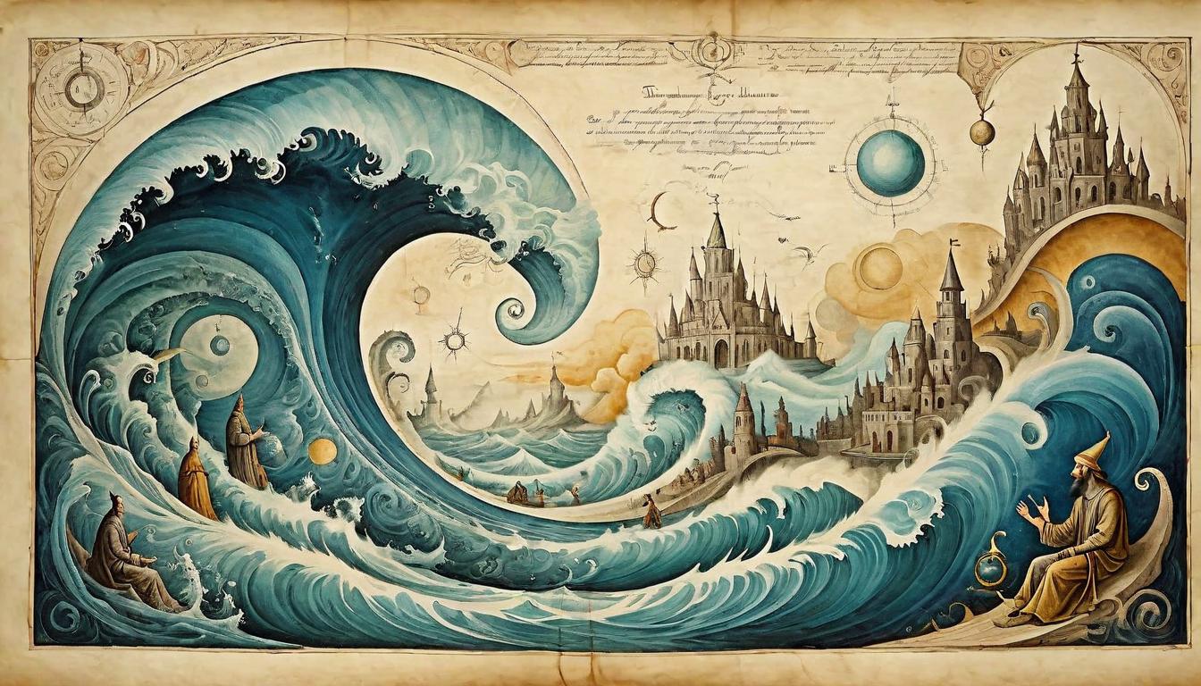  on parchment, surrealism+++, A figure resonating waves of energy, each wave influencing different realms and timelines, interconnected and impactful(mysterious, provocative, symbolic,muted color)+++