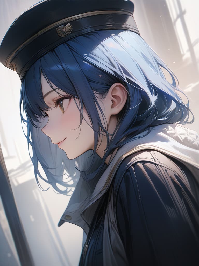  (master piece:1.4),best quality,4K,detailed,realistic,(from side:2),bust shot,looking side,(a beautiful blue hair girl),toothless smile,cap,shirt,medium breast,, masterpiece, best quality,8k,ultra detailed,high resolution,an extremely delicate and beautiful,hyper detail